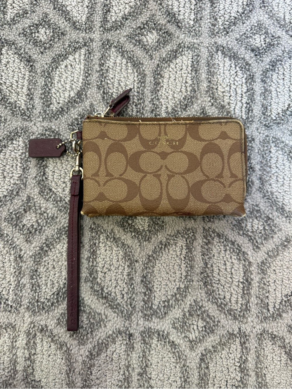 Coach Brown Signature Canvas Wristlet with Burgundy Leather Accent